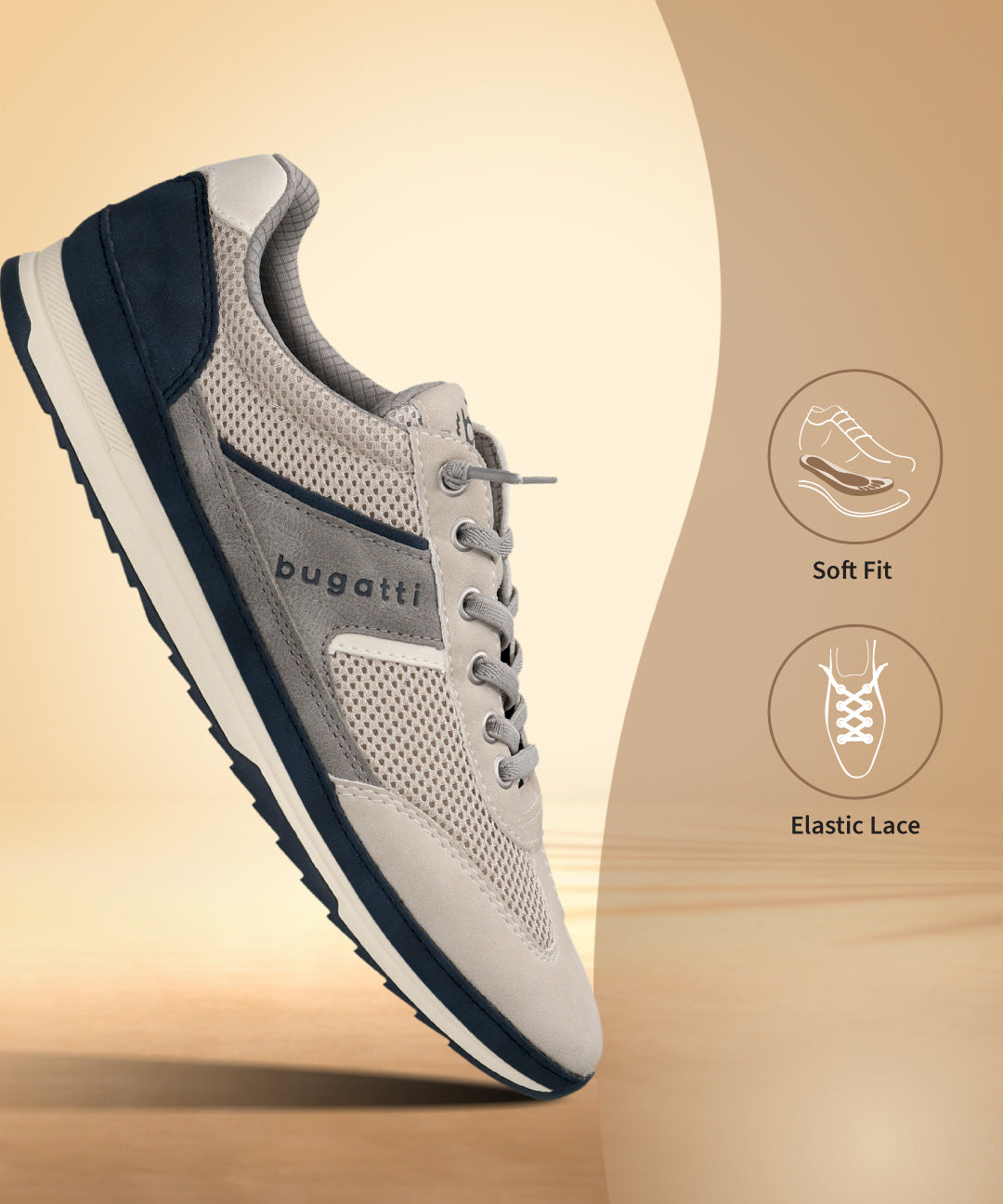 Side view of a bugatti Riptide sand Comfort Sneaker with blue accents and elastic gray laces.