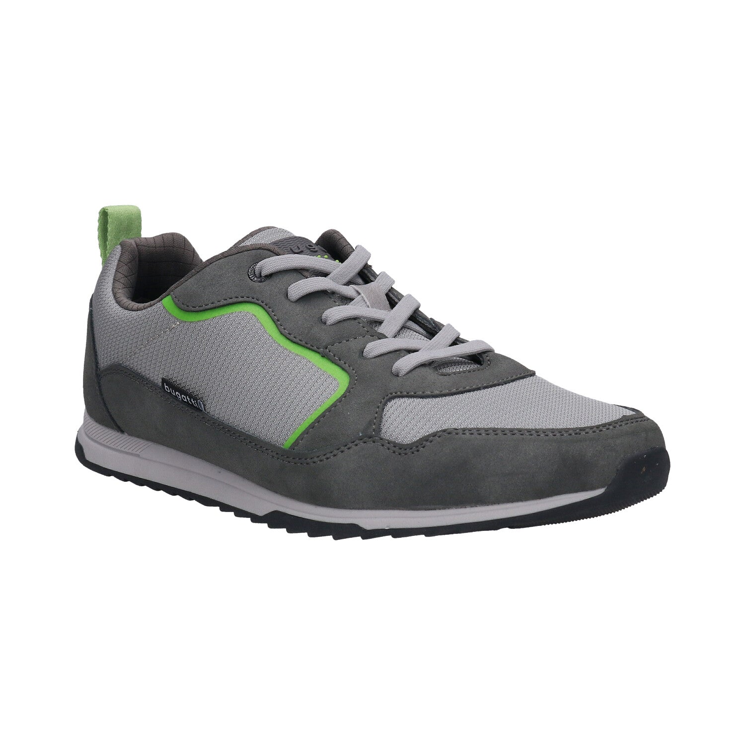 Side view of a gray bugatti Riptide sneaker with green accents and gray laces.
