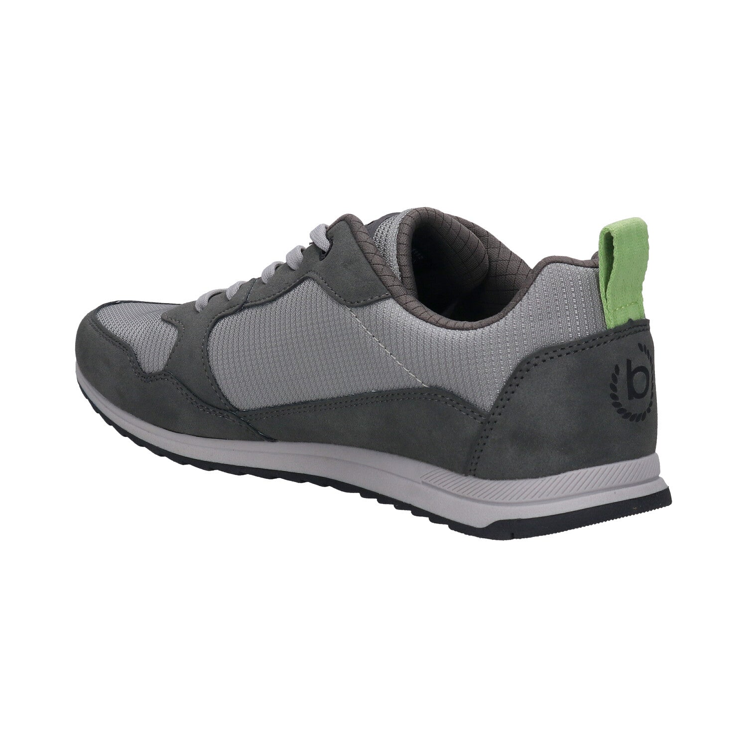 Side view of a bugatti Riptide sneaker in dark grey with mesh and suede accents, featuring a green pull tab.
