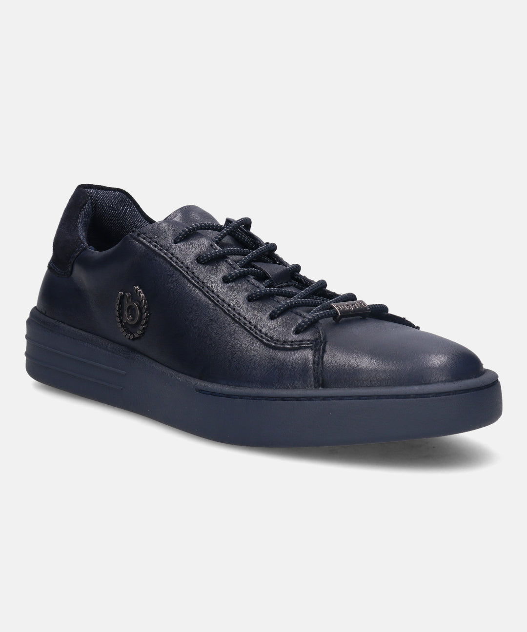 Dark blue leather sneaker by bugatti with tonal laces and logo on the side.
