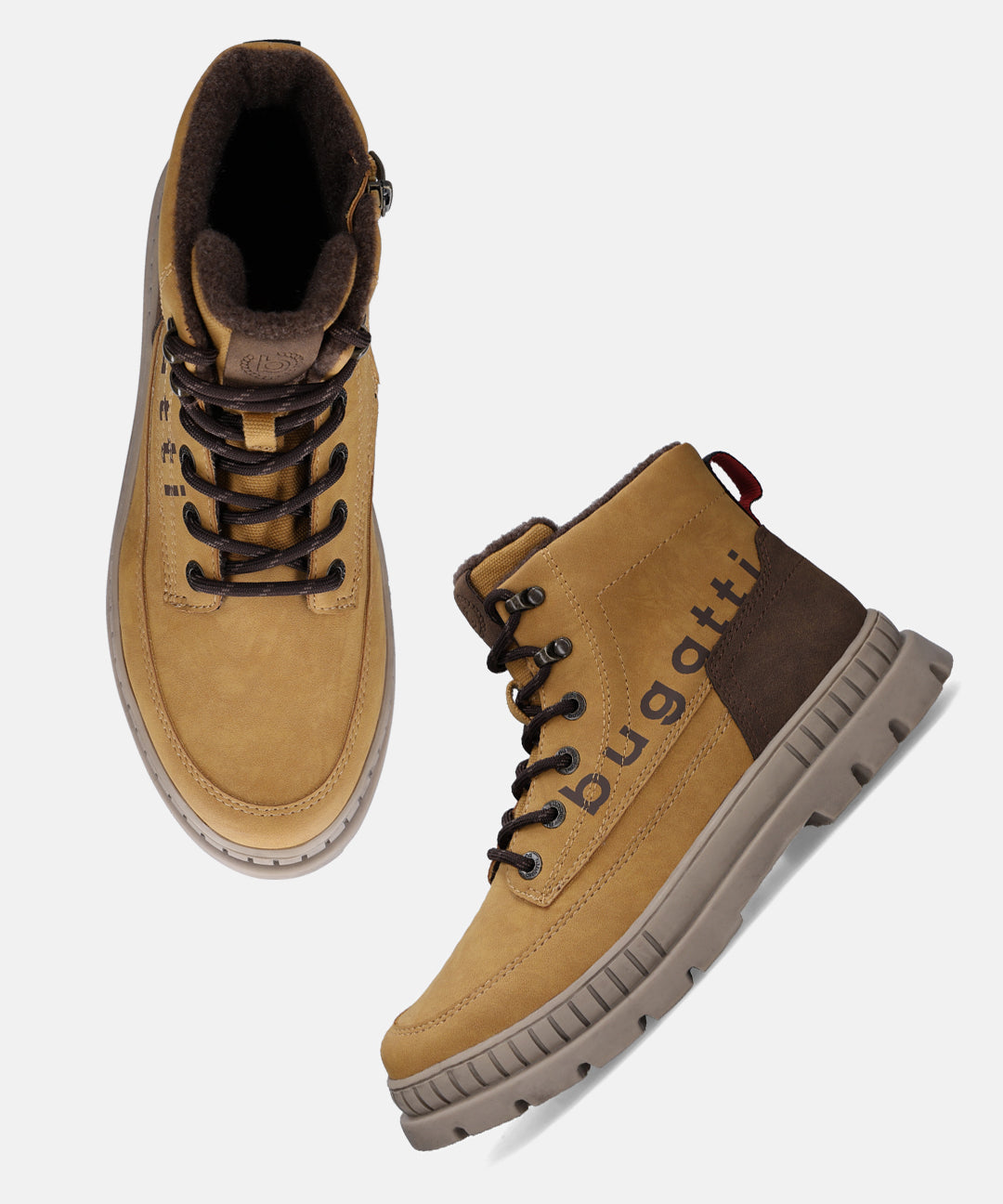 Bugatti Pallario beige boots with dark brown laces, a tan sole, and a dark brown accent piece.