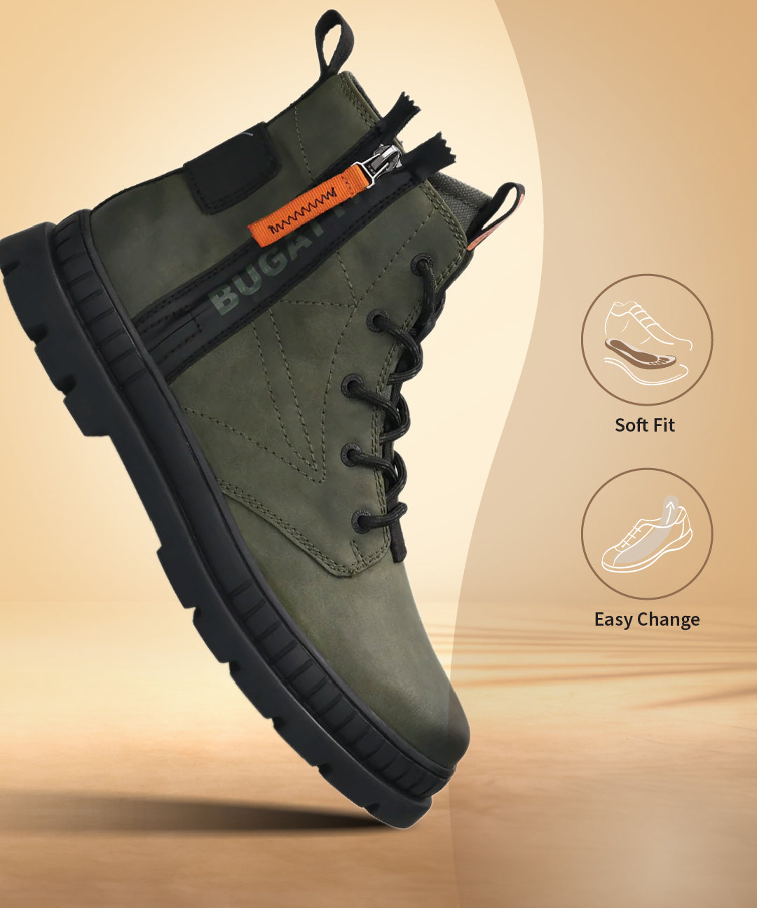 A green Men's bugatti Casual Boots featuring a round toe plain toe, stacked heel. Made from synthetic with a durable tpr outsole, this zipper design offers both style and comfort.