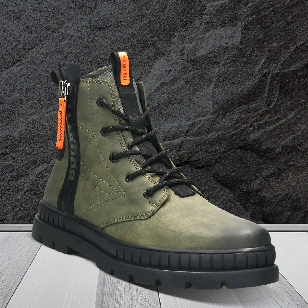 A green Men's bugatti Casual Boots featuring a round toe plain toe, stacked heel. Made from synthetic with a durable tpr outsole, this zipper design offers both style and comfort.