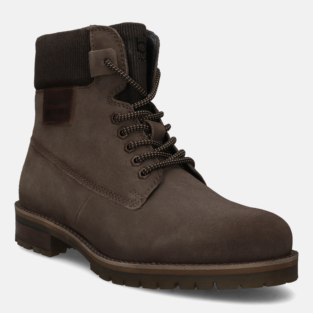A taupe Men's bugatti Ankle Boots featuring a round toe plain toe, stacked heel, and a wide fit. Made from suede leather with a durable tpr outsole, this laces design offers both style and comfort.