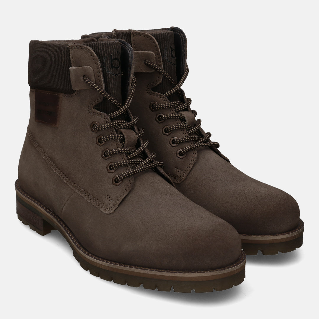 A taupe Men's bugatti Ankle Boots featuring a round toe plain toe, stacked heel, and a wide fit. Made from suede leather with a durable tpr outsole, this laces design offers both style and comfort.