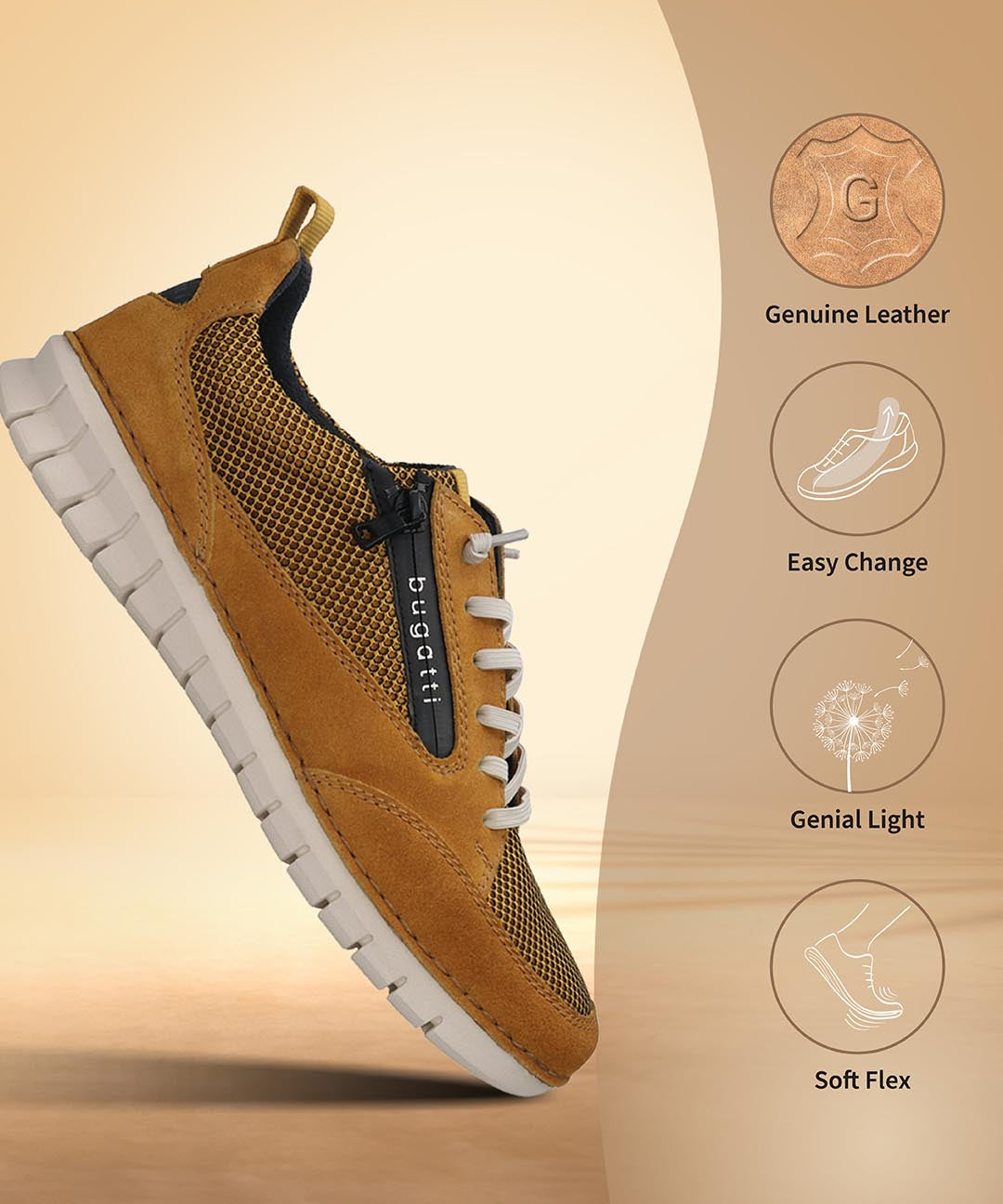 Yellow premium leather comfort sneakers by bugatti with breathable mesh and white laces.