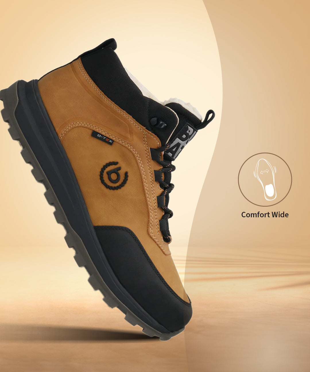 Cognac comfort sneaker by bugatti with black accents and a lug sole, shown at an angle.