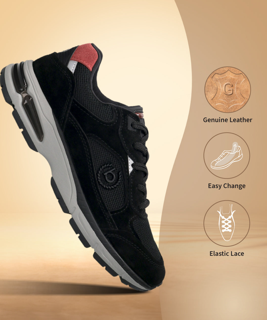 bugatti Parry black athleisure sneaker featuring a leather and mesh upper, elastic laces, and a gray sole.
