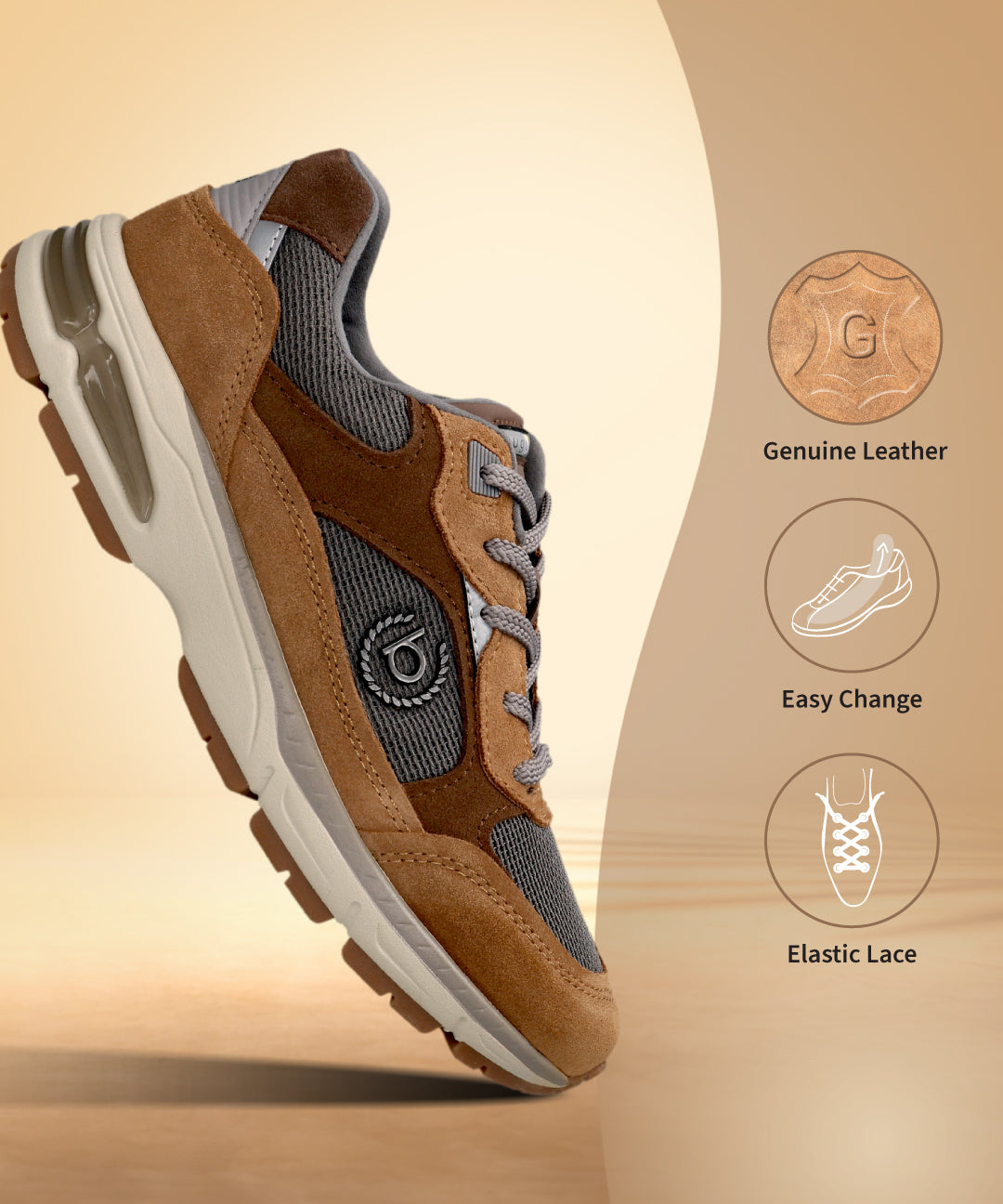 Cognac bugatti athleisure sneaker featuring premium leather and breathable gray fabric panel, with elastic laces.
