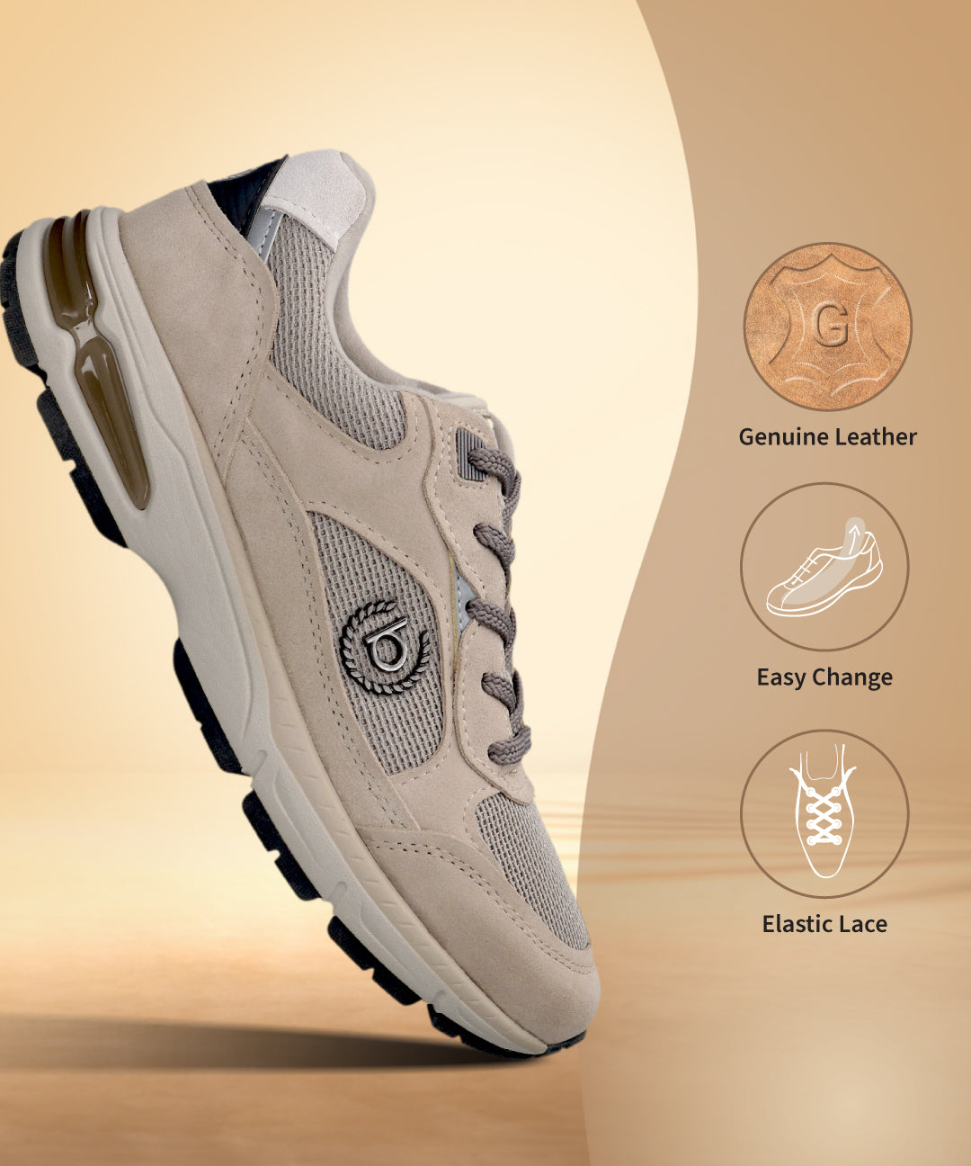 Beige bugatti Parry athleisure sneaker in leather, with a mesh panel, gray laces, and a layered sole.
