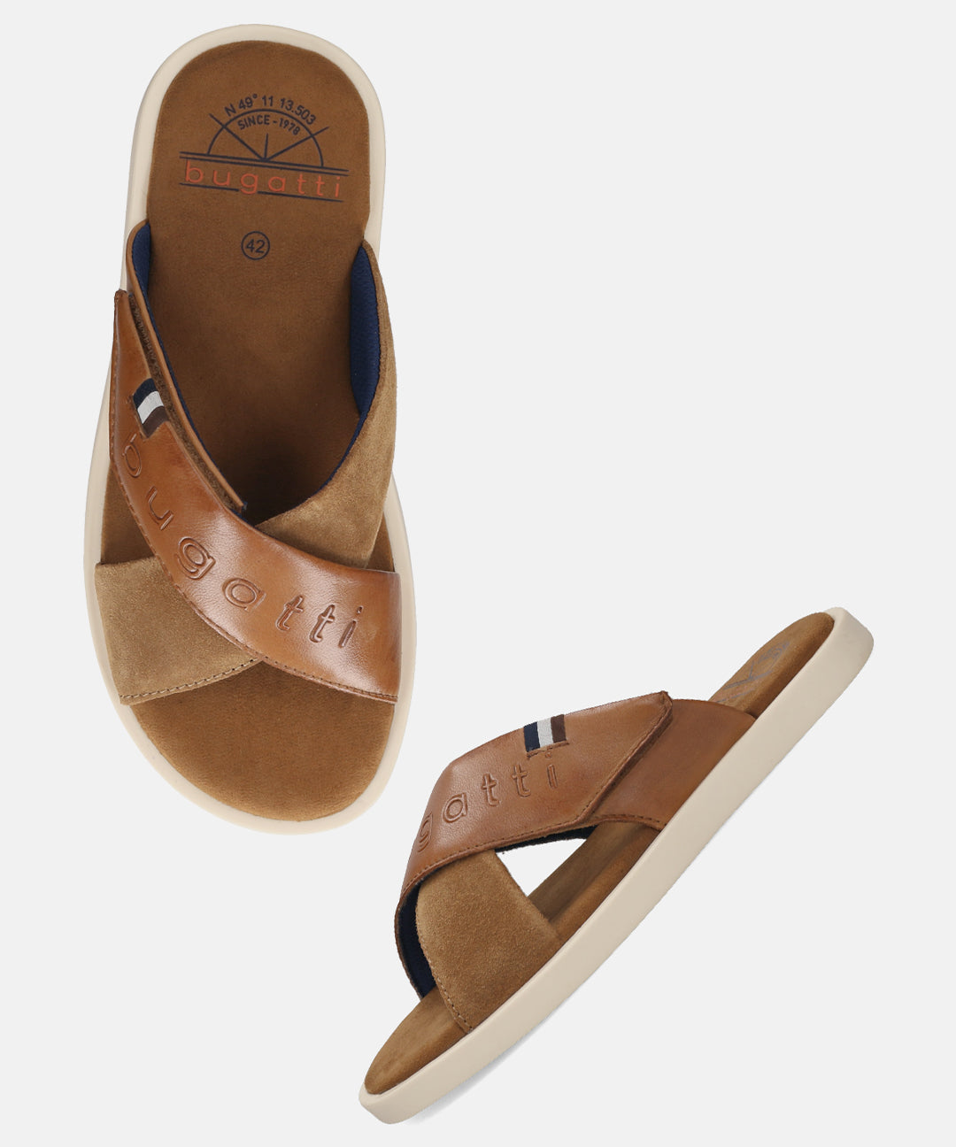 bugatti Derek cognac premium leather sandals with cross straps and a comfortable design.
