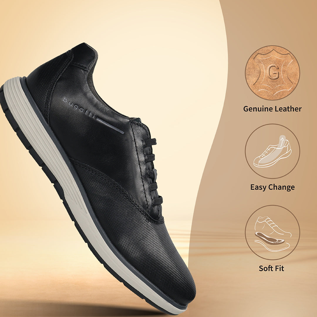 Men's Bugatti lifestyle black leather shoes with a round toe , a eva outsole , and laces fastening.