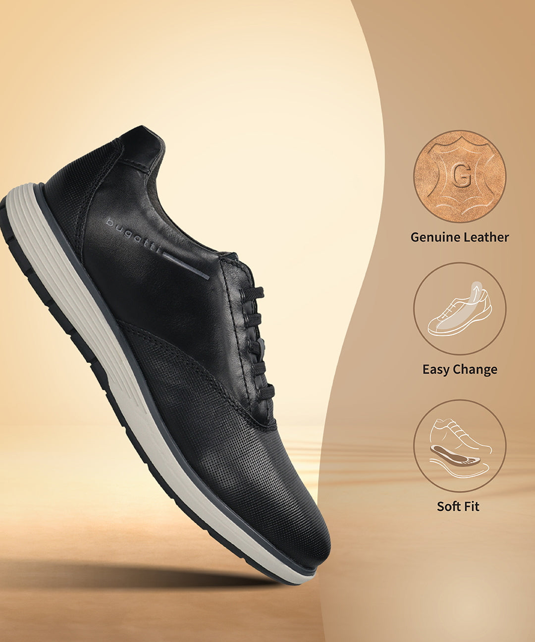 Men's Bugatti lifestyle black leather shoes with a round toe , a eva outsole , and laces fastening.
