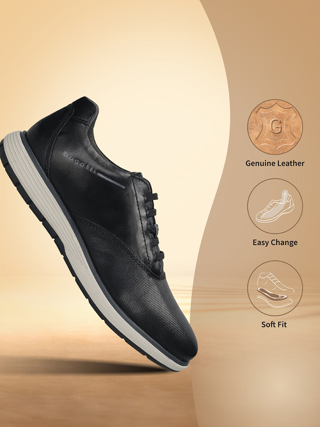 Men's Bugatti lifestyle black leather shoes with a round toe , a eva outsole , and laces fastening.