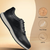 Men's Bugatti lifestyle black leather shoes with a round toe , a eva outsole , and laces fastening.