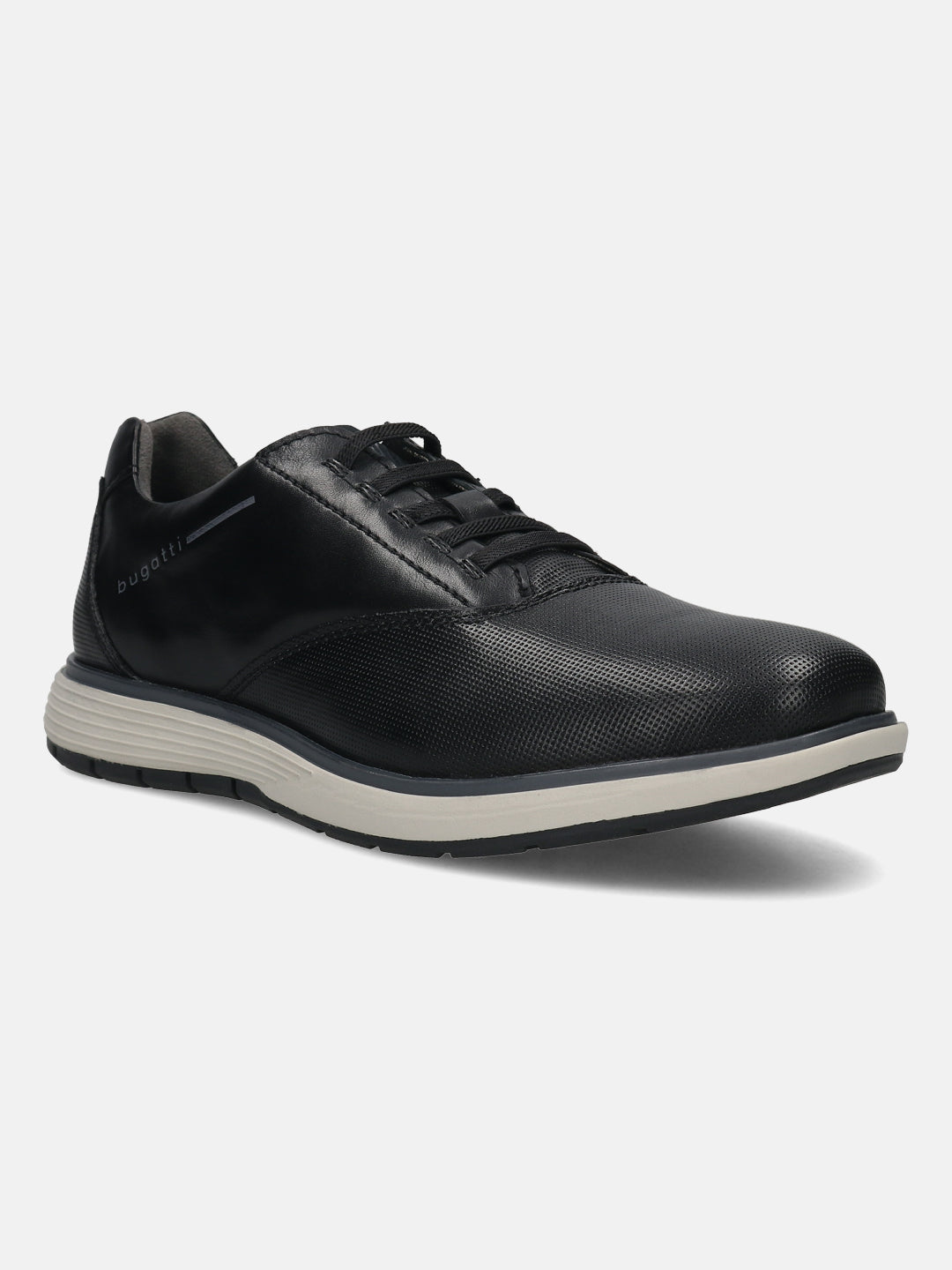 Men's Bugatti lifestyle black leather shoes with a round toe , a eva outsole , and laces fastening.
