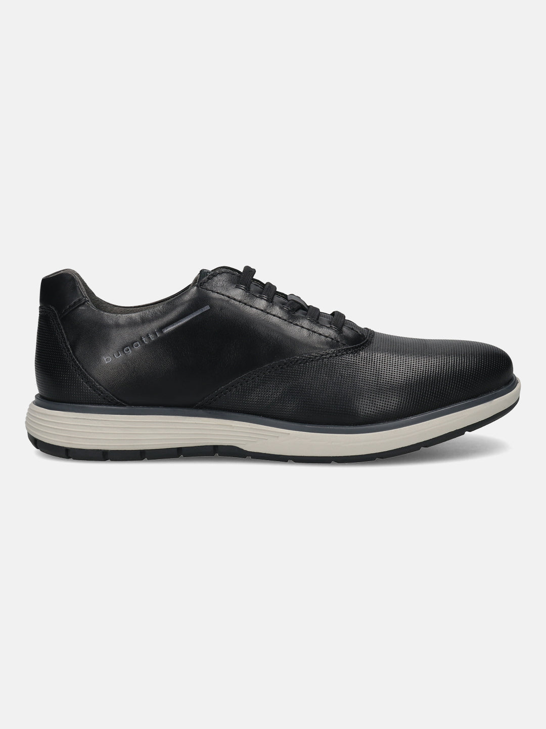 Men's Bugatti lifestyle black leather shoes with a round toe , a eva outsole , and laces fastening.