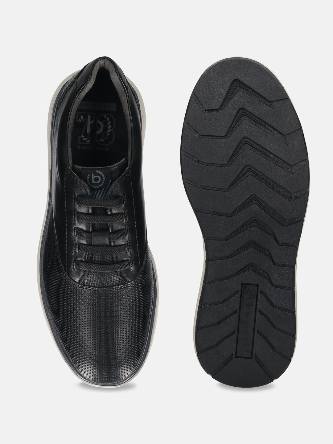 Men's Bugatti lifestyle black leather shoes with a round toe , a eva outsole , and laces fastening.