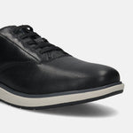 Men's Bugatti lifestyle black leather shoes with a round toe , a eva outsole , and laces fastening.