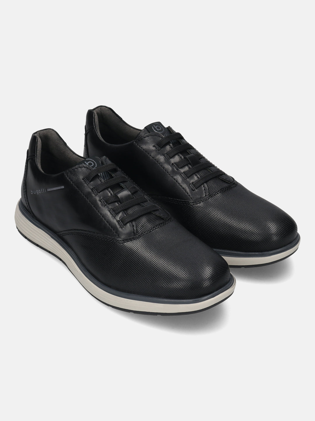 Men's Bugatti lifestyle black leather shoes with a round toe , a eva outsole , and laces fastening.