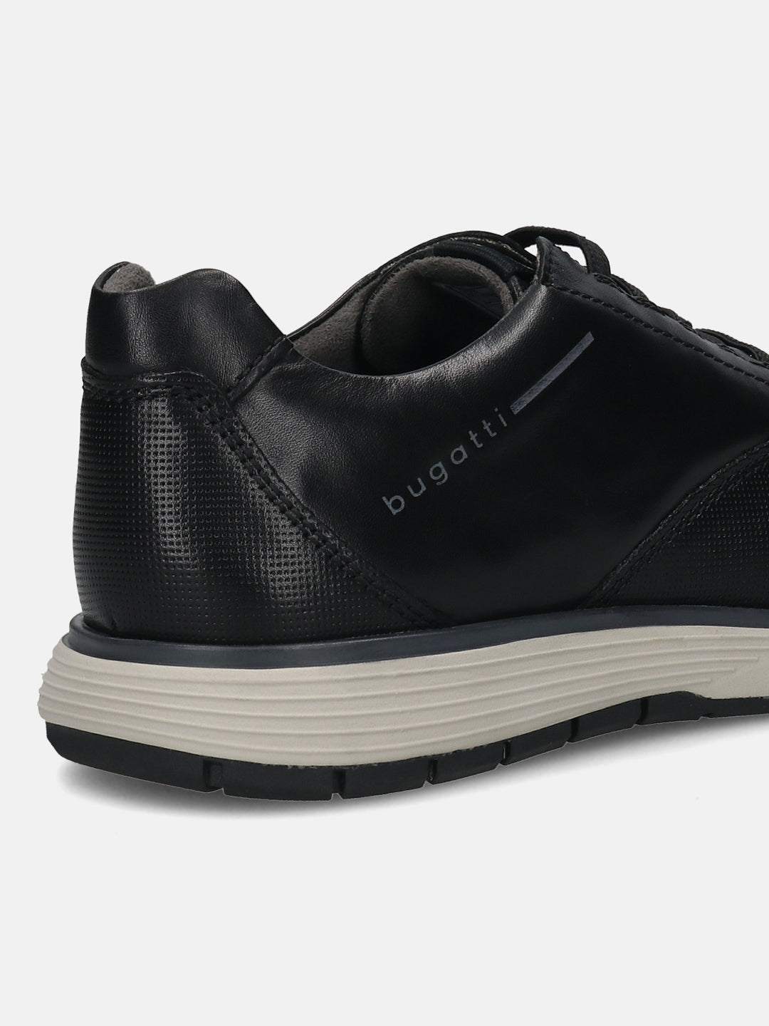 Men's Bugatti lifestyle black leather shoes with a round toe , a eva outsole , and laces fastening.