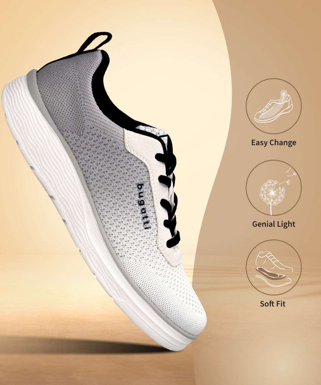 Side view of a bugatti Astra athleisure sneaker in white with a gray mesh upper and black laces.