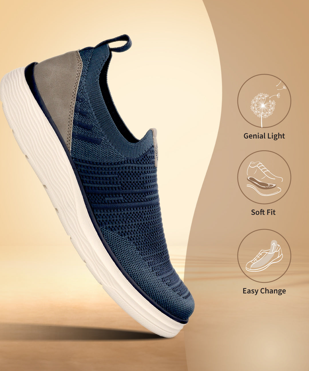 bugatti Astra blue Comfort Slip-Ons Casual shoe, showing knit texture, gray heel, and white sole.
