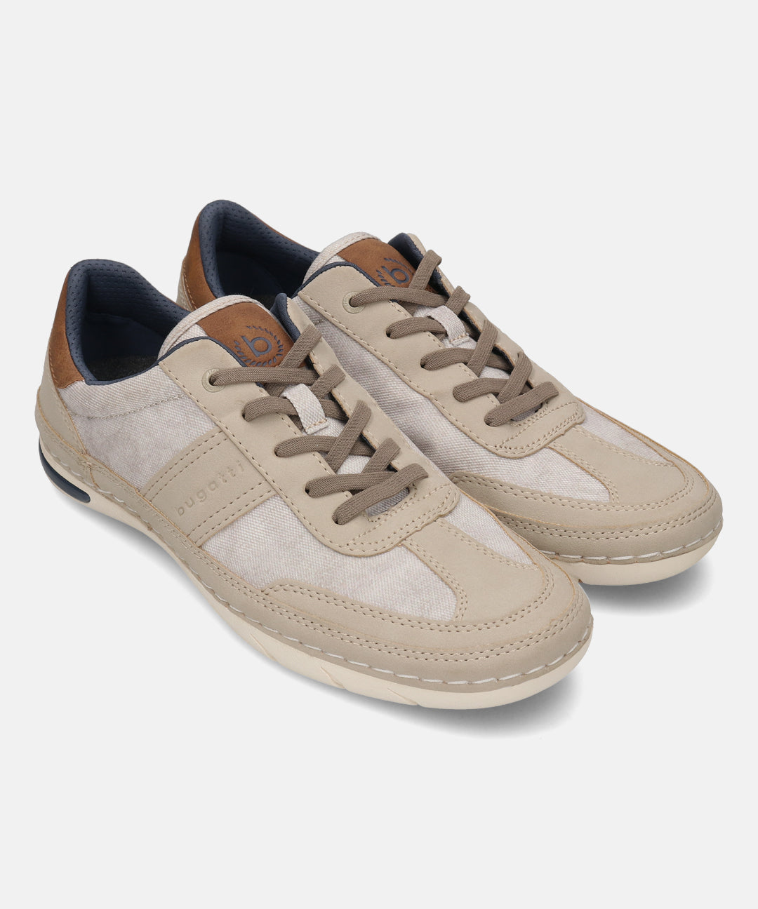 bugatti Glenans sand comfort sneakers featuring beige canvas and suede-like accents with matching laces.

