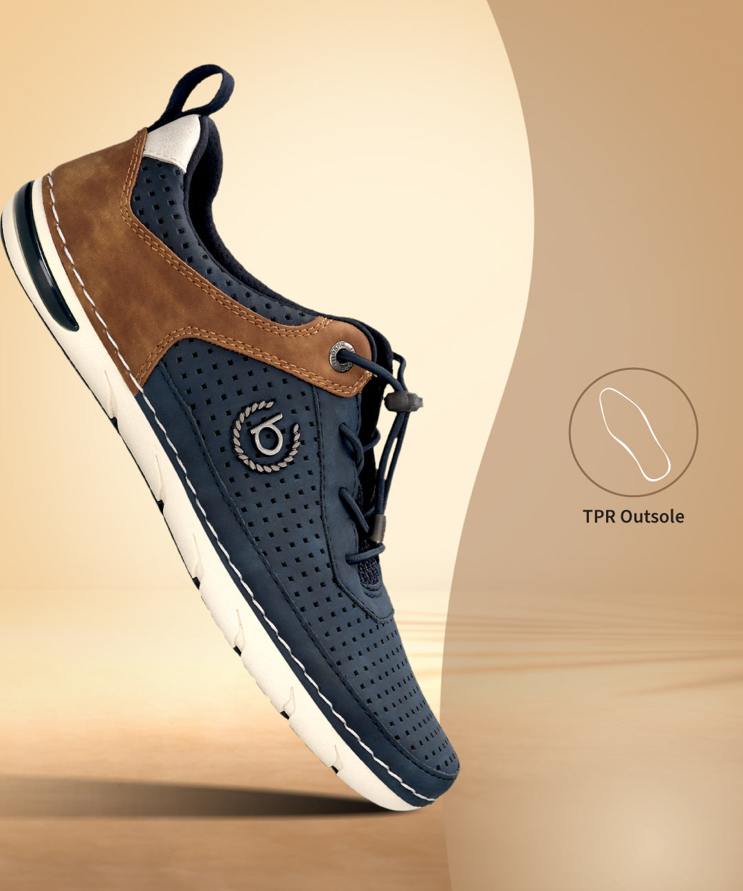Side view of a bugatti Glenans dark blue Comfort Sneaker featuring brown leather accents and a perforated design.