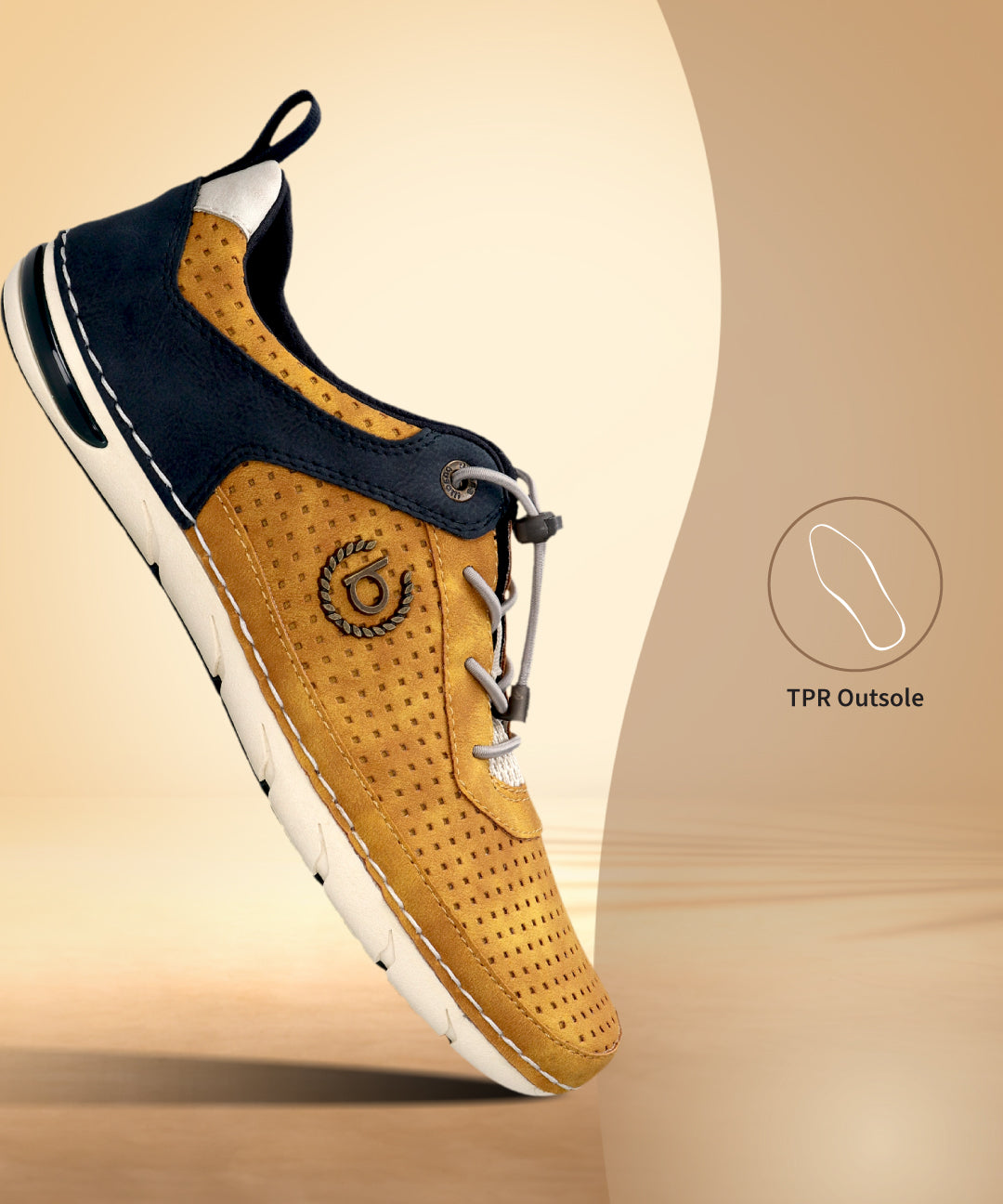 Side view of a bugatti Glenans yellow comfort sneaker featuring dark blue accents and a perforated design.