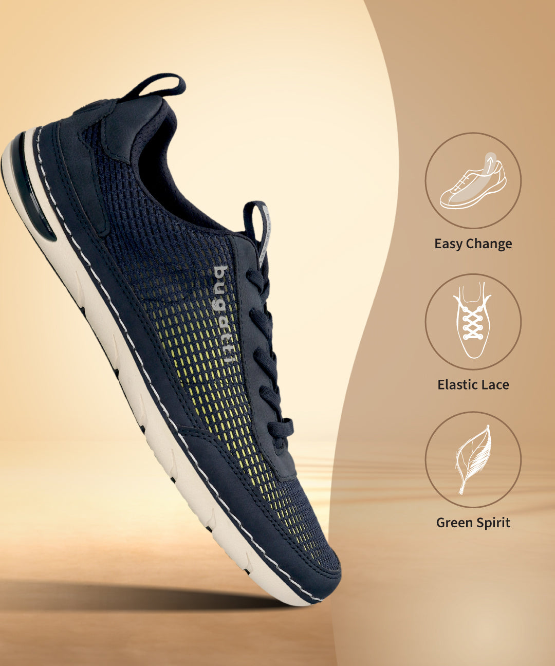 Side view of a dark blue bugatti Glenans comfort sneaker with a breathable mesh panel and elastic laces.
