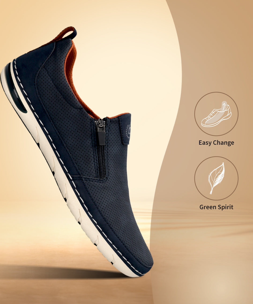 bugatti Glenans dark blue casual slip-on shoe with perforated texture, white sole, and side zipper.