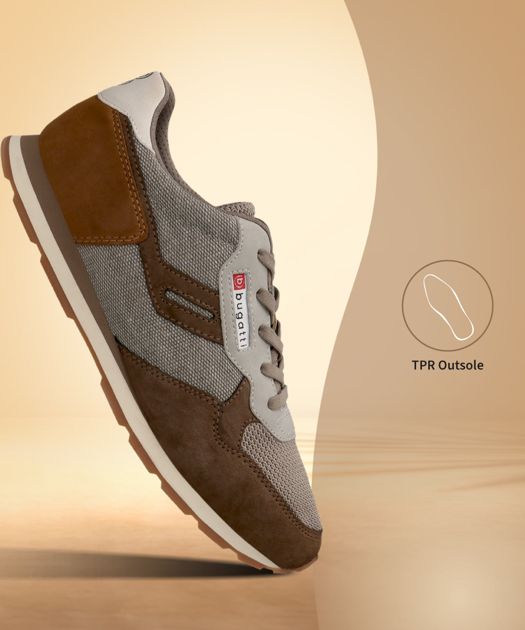 Side view of a bugatti Sacramento brown comfort sneaker, featuring a fabric and suede upper with a lace-up closure.
