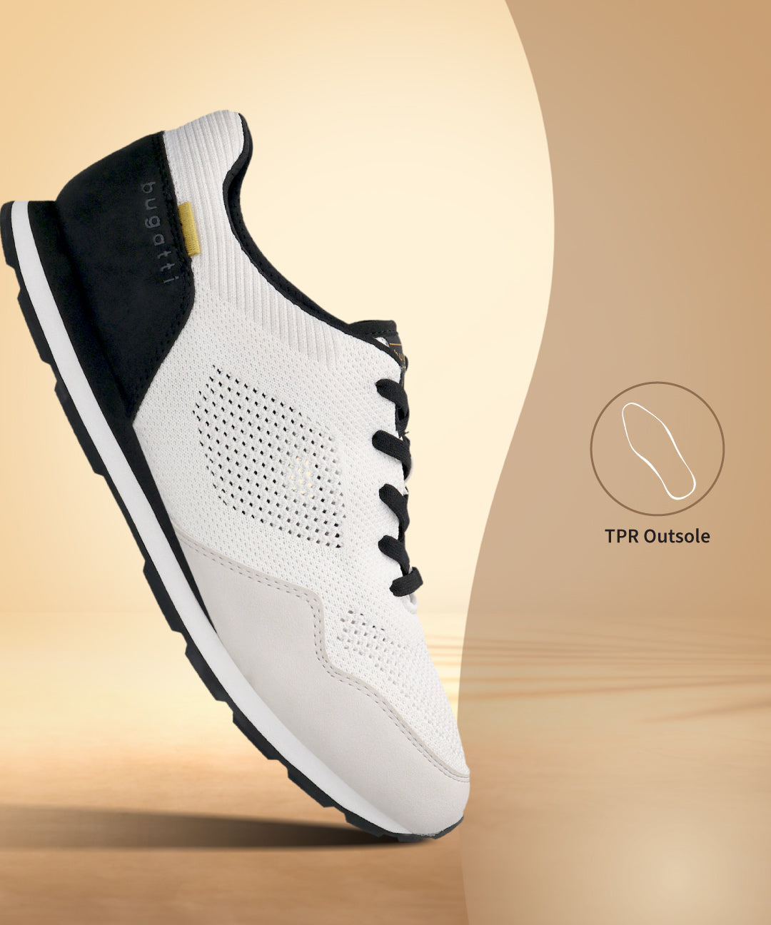 Bugatti Sacramento white sneakers with a knit upper, black accents, and black laces.