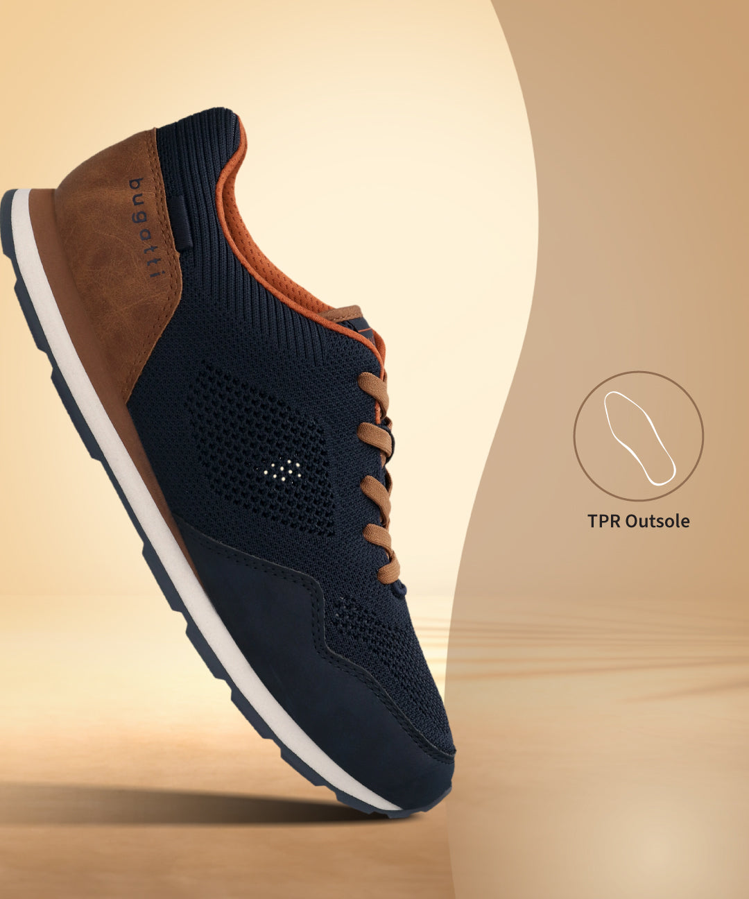 Side view of a bugatti Sacramento Comfort Sneaker in dark blue with brown accents and a white sole.
