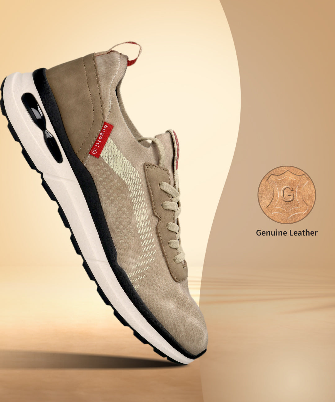 Beige bugatti Athleisure sneaker with a white sole, black accents, and a textured upper.
