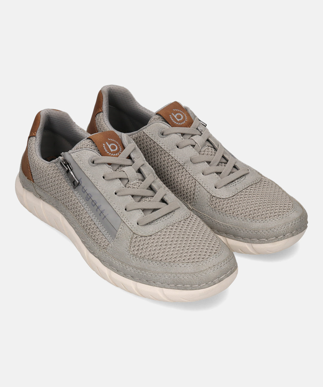 bugatti Compton grey comfort sneakers featuring mesh and leather-like uppers, lace-up closure, and side zip detail.