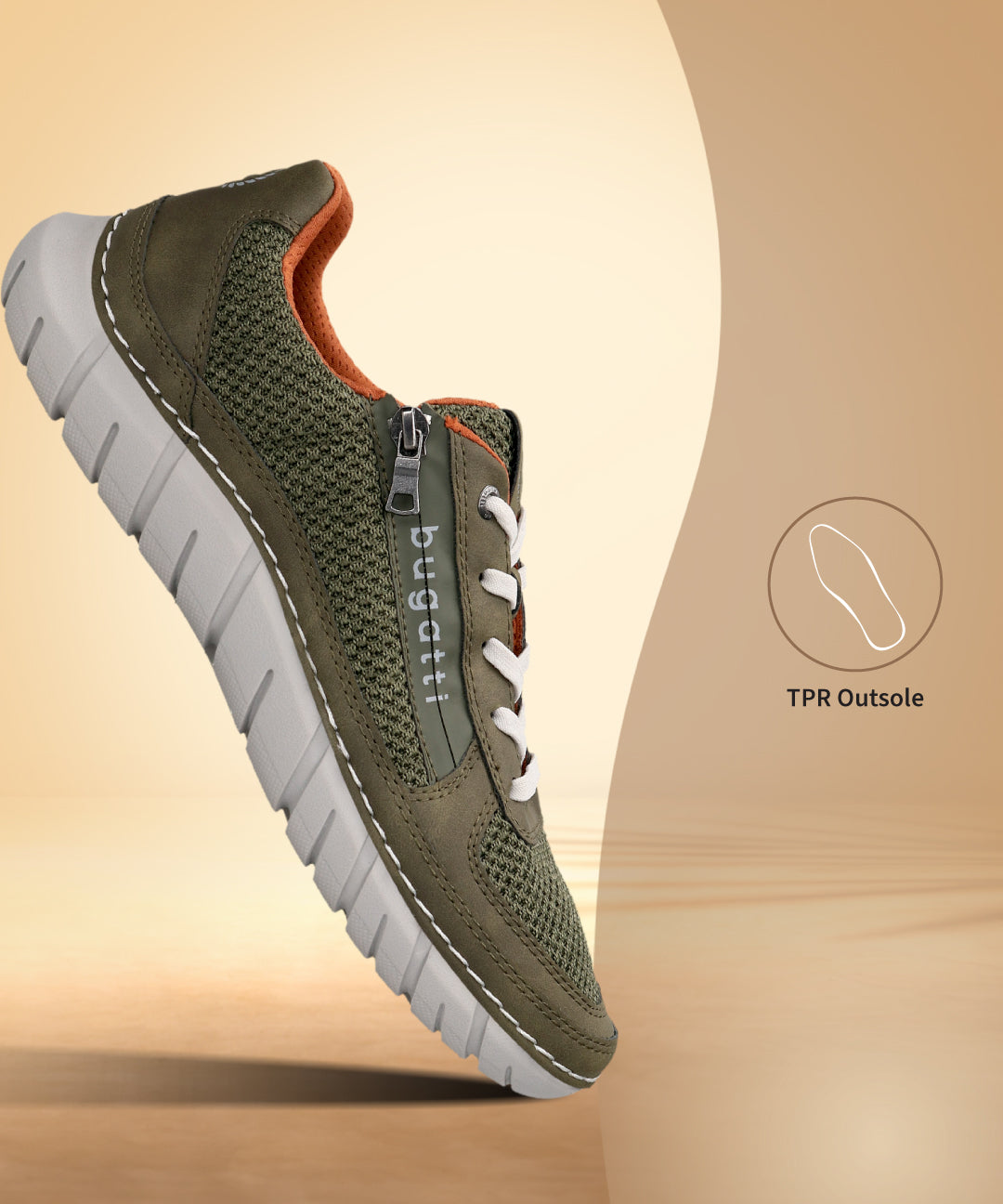 Bugatti Compton green comfort sneaker with a textured mesh design, white laces, and a flexible light grey sole.