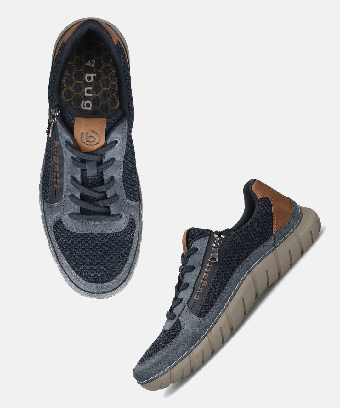 bugatti Compton comfort sneakers in dark blue, featuring laces, a side zipper, and a brown heel accent.
