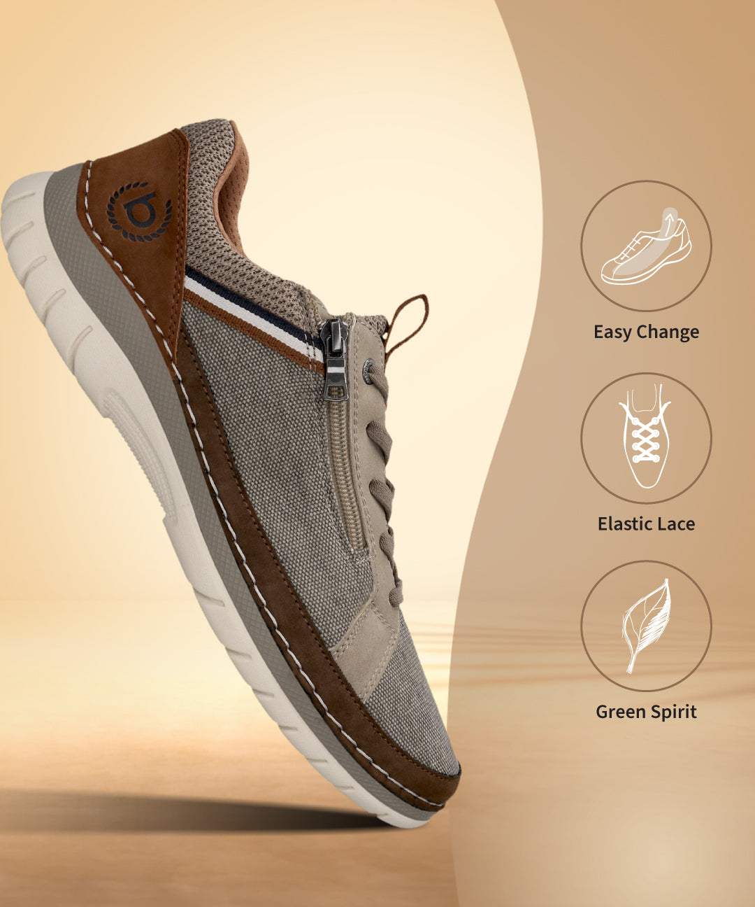 Side view of a beige bugatti Rickson comfort sneaker with brown leather accents and a zipper detail.
