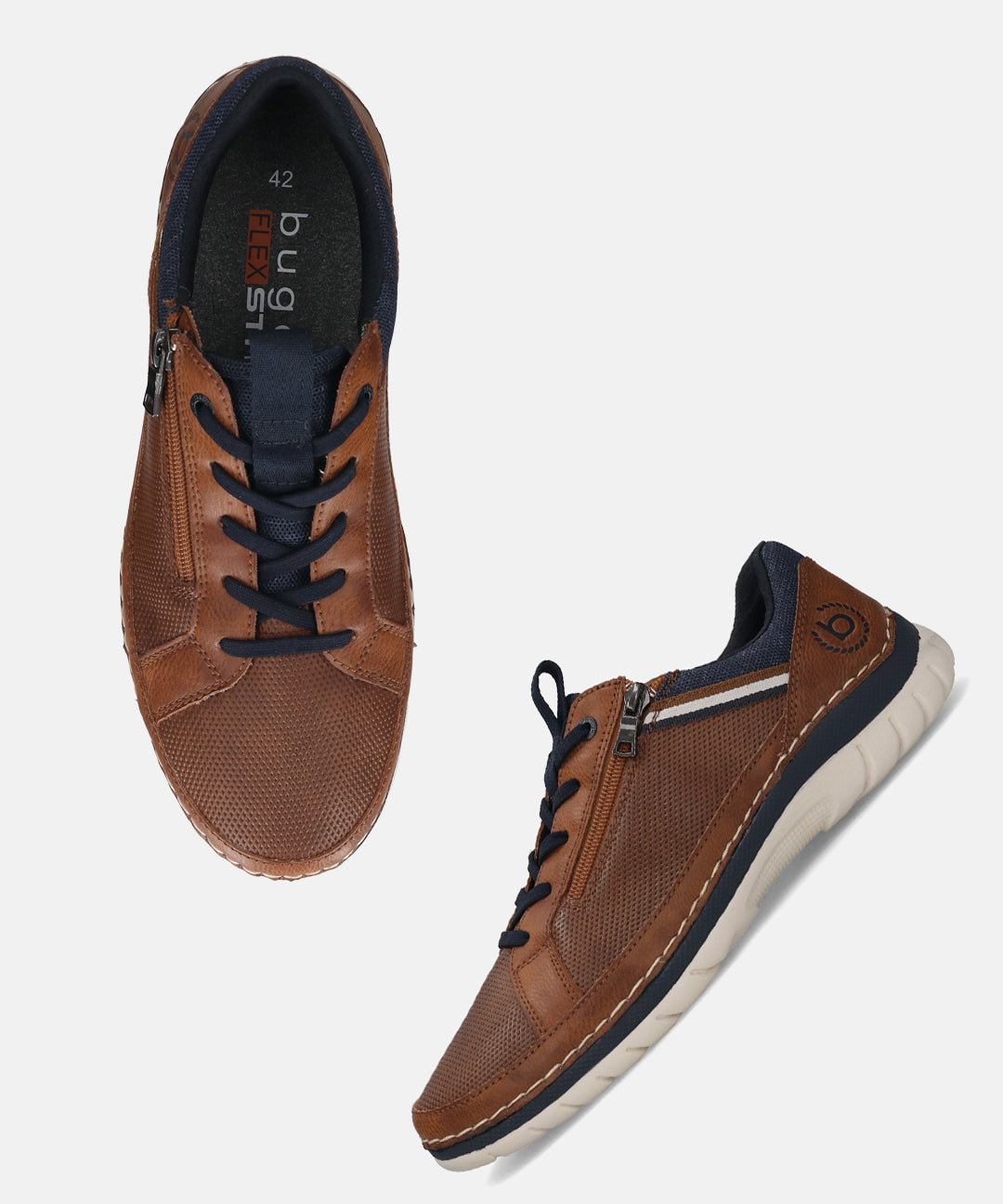 bugatti Rickson cognac Comfort Sneakers with navy blue accents, lace-up style, and side zipper.
