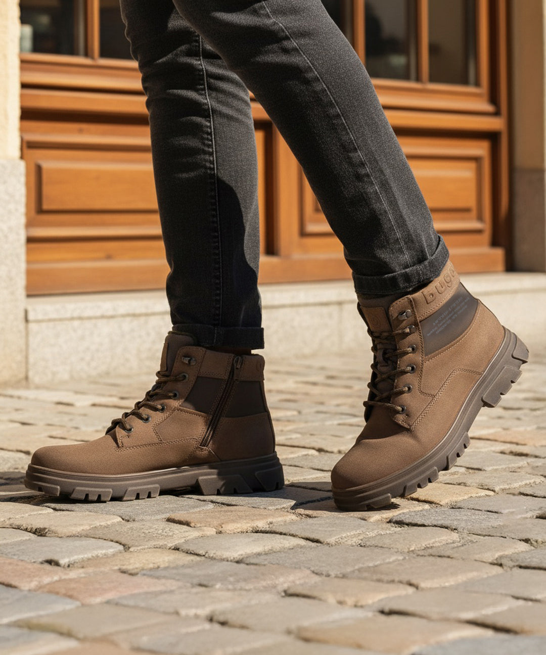 Lifestyle view of Bugatti Amos Taupe Comfort Casual Boots, a brown suede boot with laces and a side zipper.
