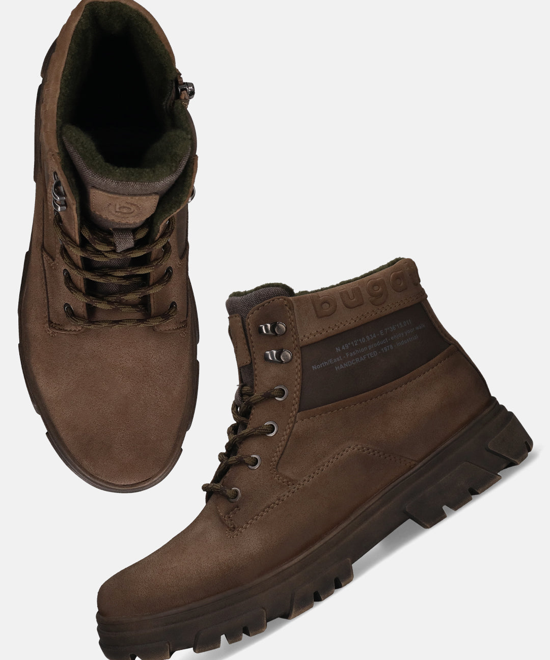 Bugatti Amos Taupe Comfort Casual Boots featuring a lace-up closure, durable lug sole, and warm, fuzzy lining.
