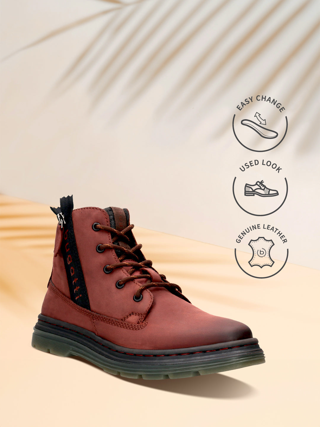 Bugatti Drake Bordo premium leather casual boots with brown laces and dark green soles.
