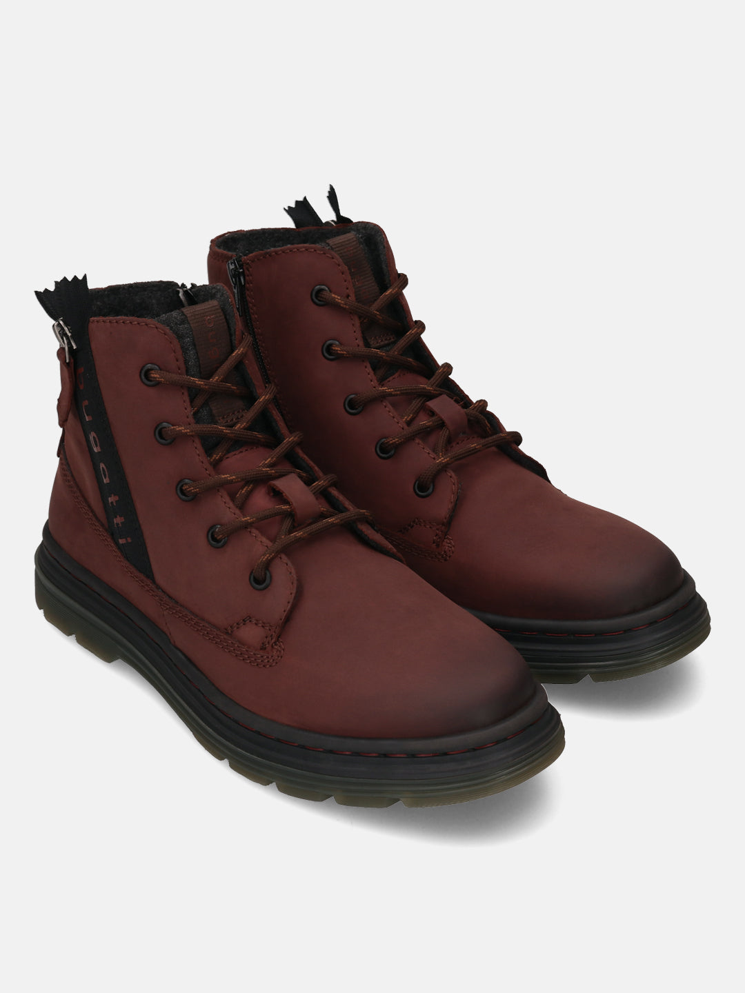 Bugatti Drake Bordo Premium Leather Comfort Casual Boots in a rich burgundy color with laces and side zipper.
