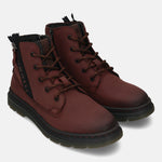 Bugatti Drake Bordo Premium Leather Comfort Casual Boots in a rich burgundy color with laces and side zipper.