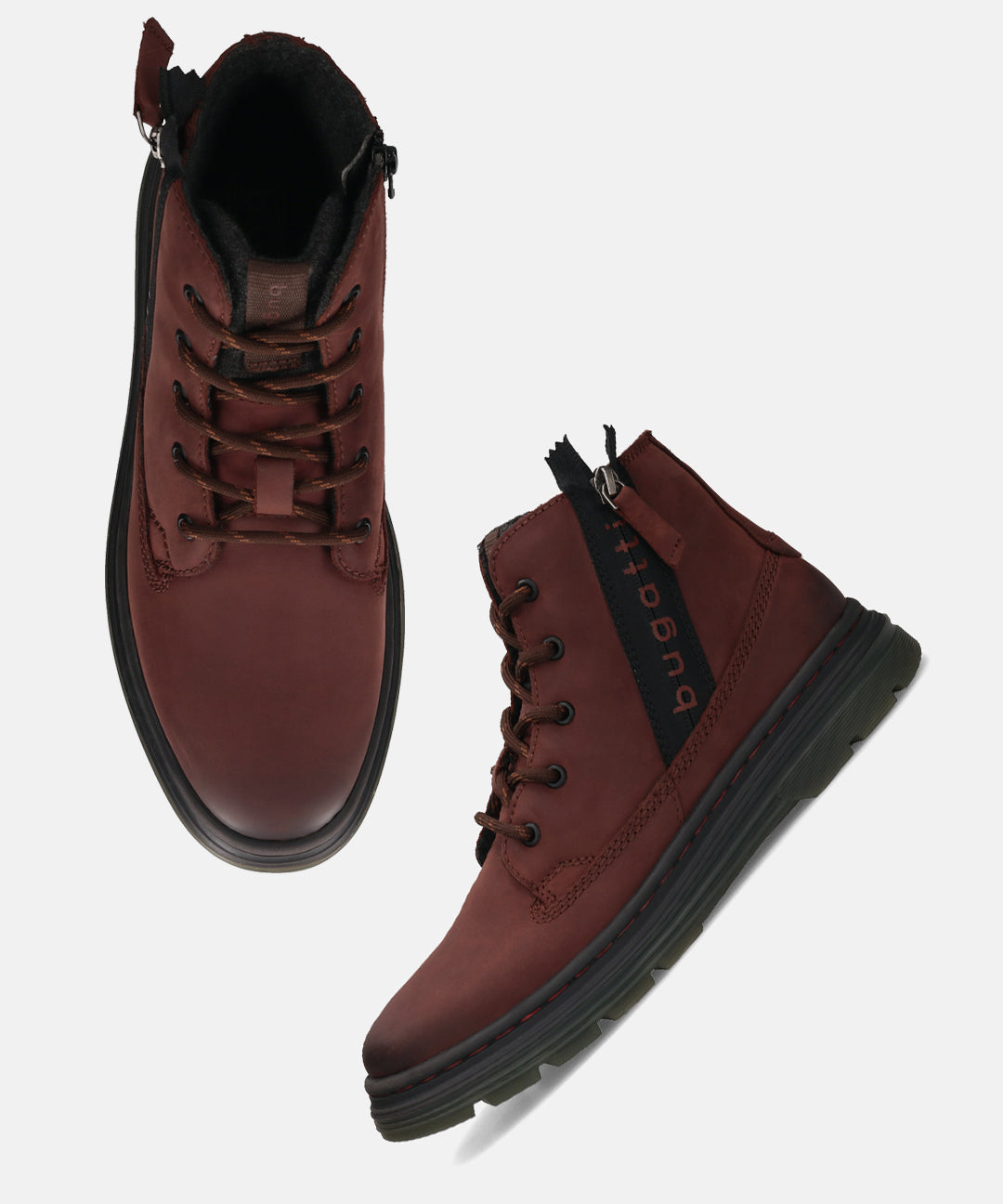 Bugatti Drake Bordo Premium Leather Comfort Casual Boots with lace-up closure and side zipper.
