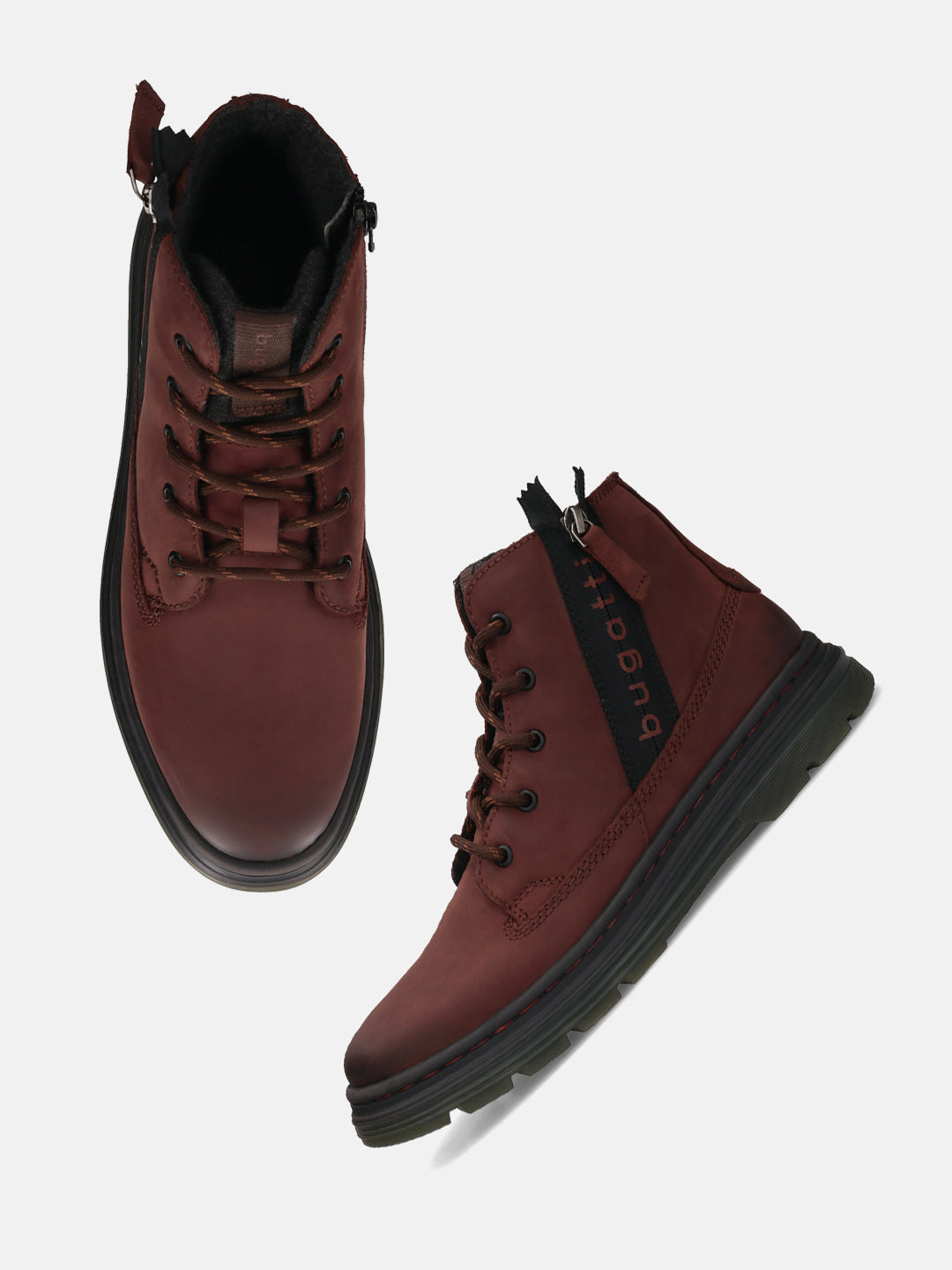 Bugatti Drake Bordo Premium Leather Comfort Casual Boots with lace-up closure and side zipper.
