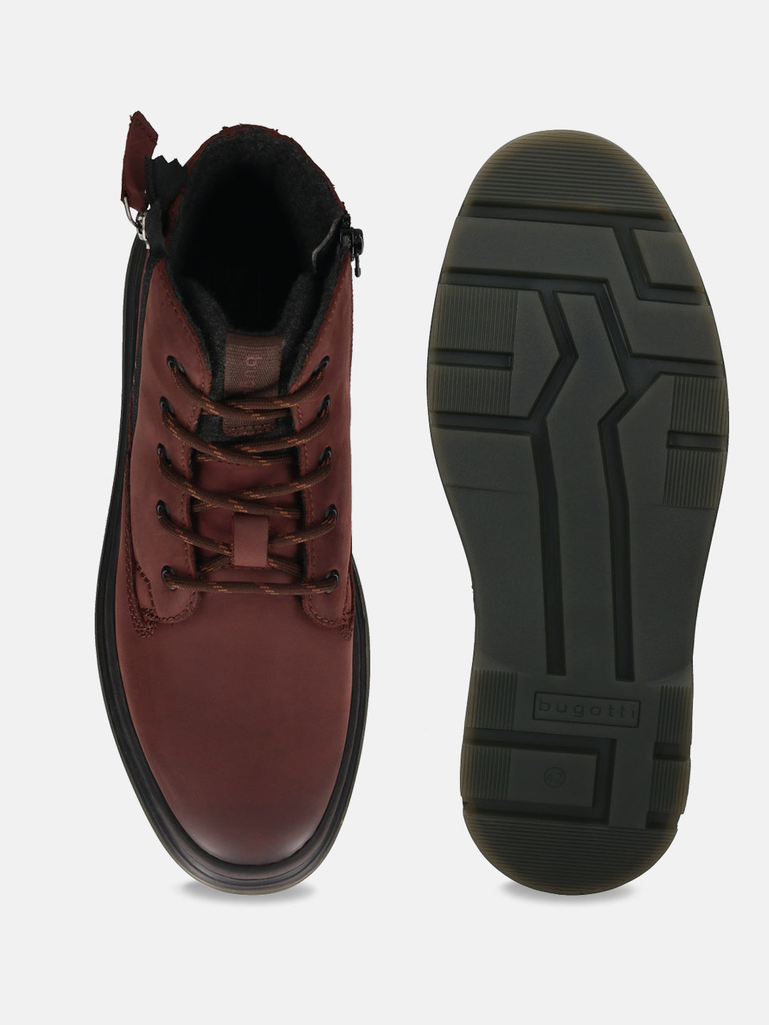 Bugatti Drake Bordo casual boot in premium leather, featuring a lace-up closure and patterned sole.
