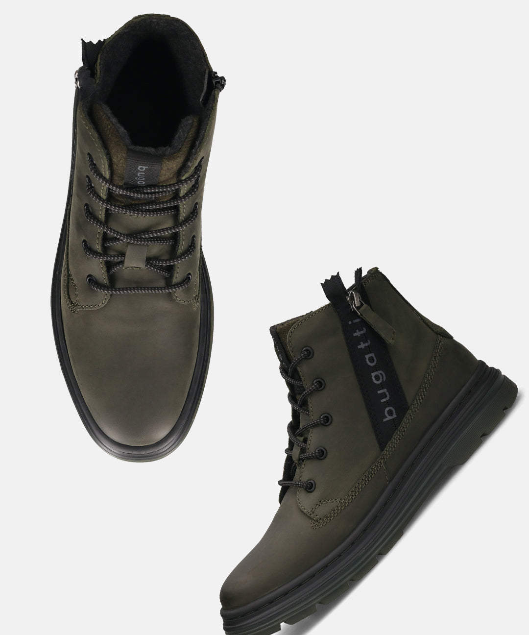 Bugatti Drake dark green premium leather casual boots with laces and a side zipper.
